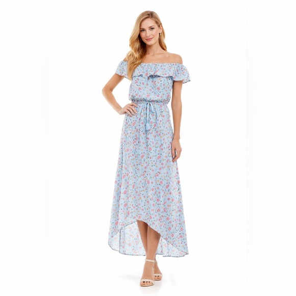 kinston grey Dresses & Skirts - Light Blue Floral Off Shoulder Maxi Dress Ruffle Waist Tie Boho Summer